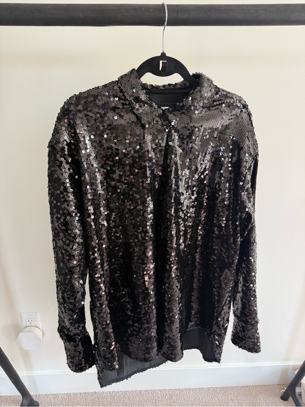 Good American Black Sequin Collared Scoop-Neck Sweater